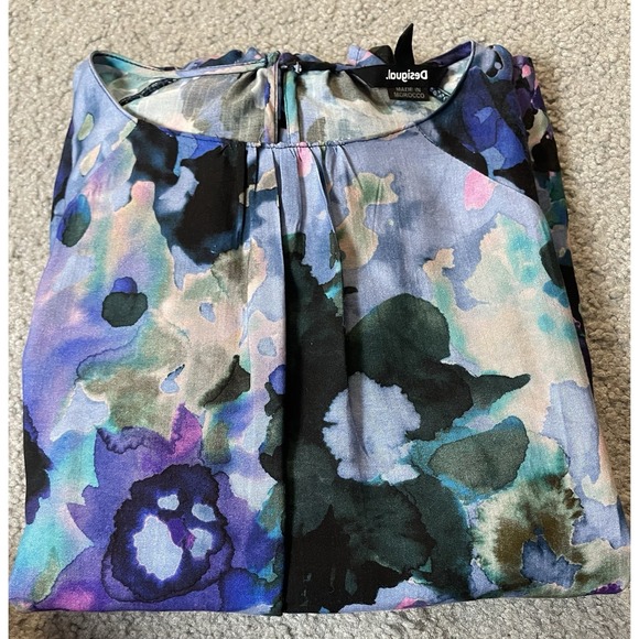 Disigual Floral Pleated Blouse S Blue Purple Long Sleeve Smocked Pullover Boho - Picture 12 of 12